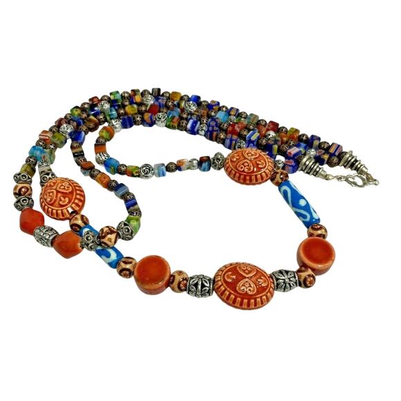 Double Strand Beaded Necklace Colorful Glass & Ceramic Stone Beads Artisan Look - Picture 4 of 6